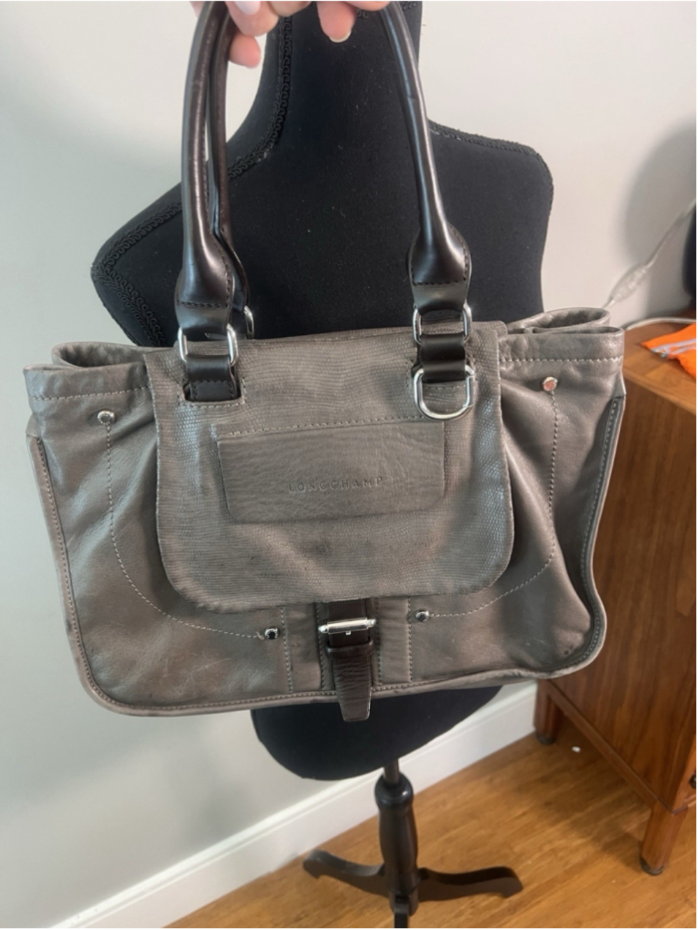 RARE 2000s Longchamp Balzane Gray Soft Leather Tote Handbag Purse Buckle Accent
